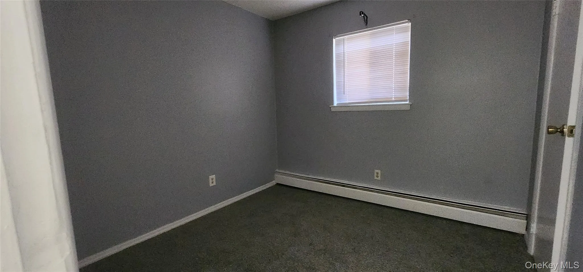 Empty room featuring a baseboard radiator and dark colored carpet Empty room featuring a baseboard radiator and dark colored carpet