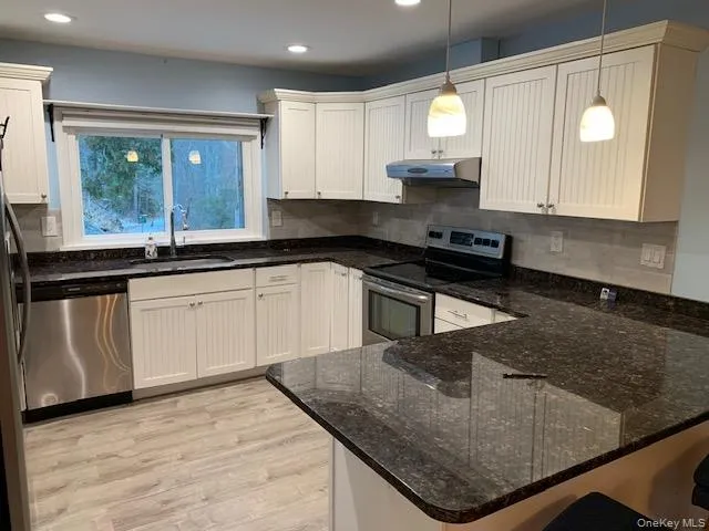 Kitchen with stainless steel appliances, dark stone counters, hanging light fixtures, a peninsula, and light wood finished floors Kitchen with stainless steel appliances, dark stone counters, hanging light fixtures, a peninsula, and light wood finished floors