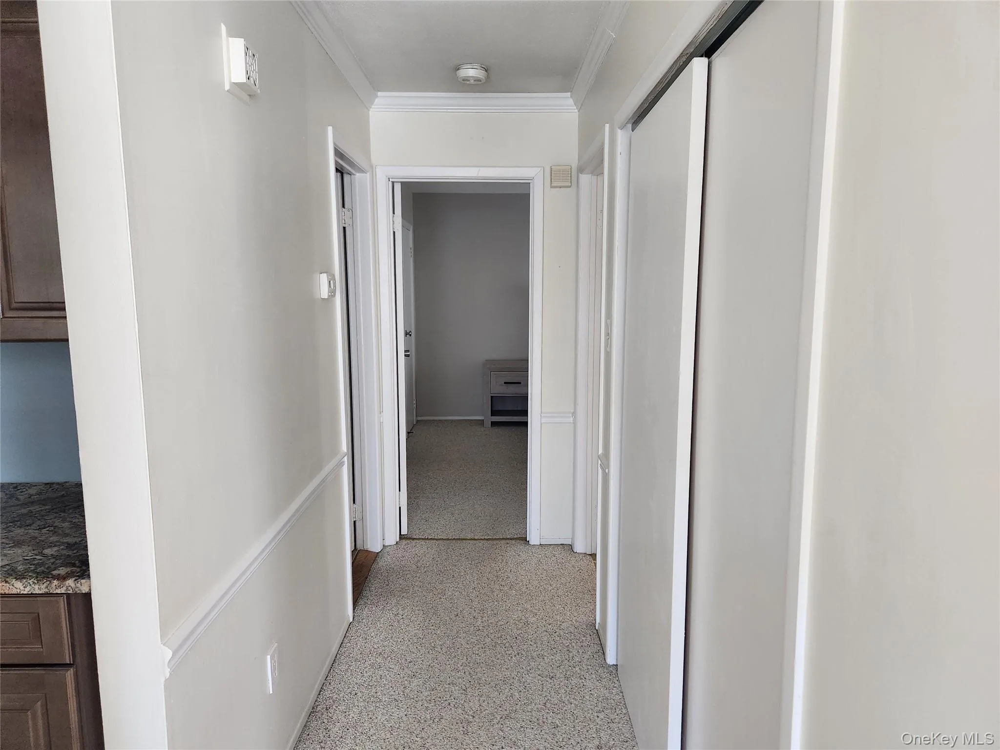 Corridor with ornamental molding and light carpet Corridor with ornamental molding and light carpet