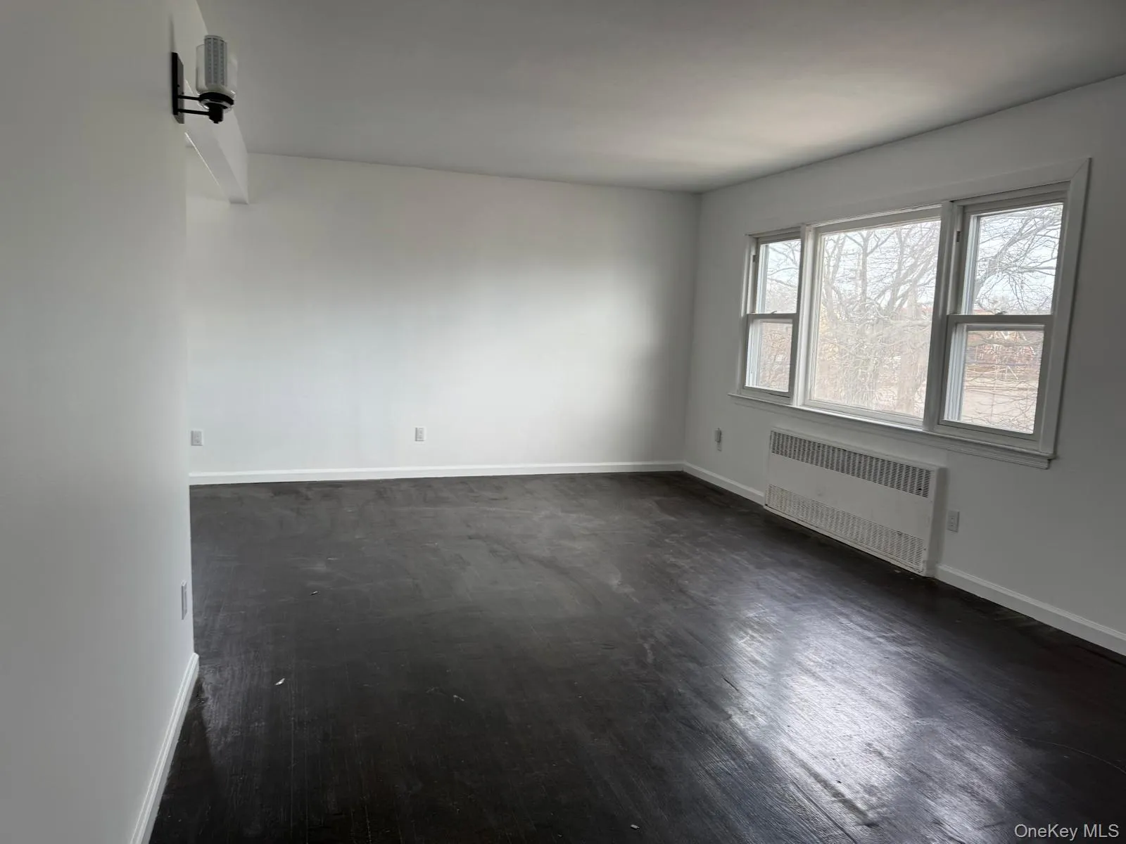 Unfurnished room with radiator and dark wood-style flooring Unfurnished room with radiator and dark wood-style flooring