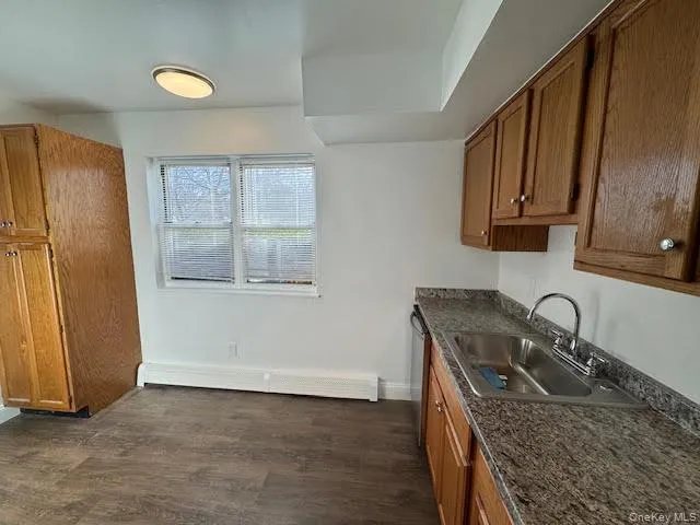 Kitchen with brown cabinetry, dark wood-style flooring, baseboard heating, and stainless steel dishwasher Kitchen with brown cabinetry, dark wood-style flooring, baseboard heating, and stainless steel dishwasher