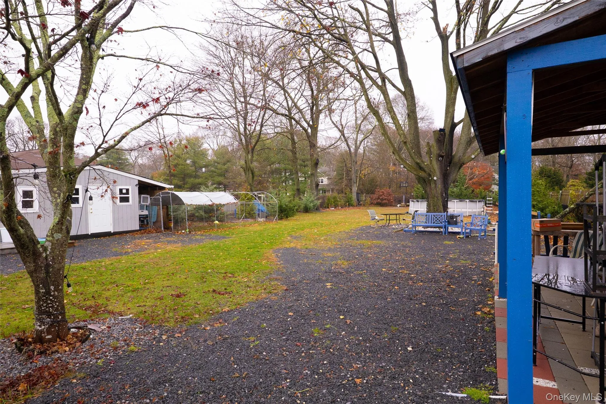 View of grassy yard featuring an outbuilding and a greenhouse View of grassy yard featuring an outbuilding and a greenhouse