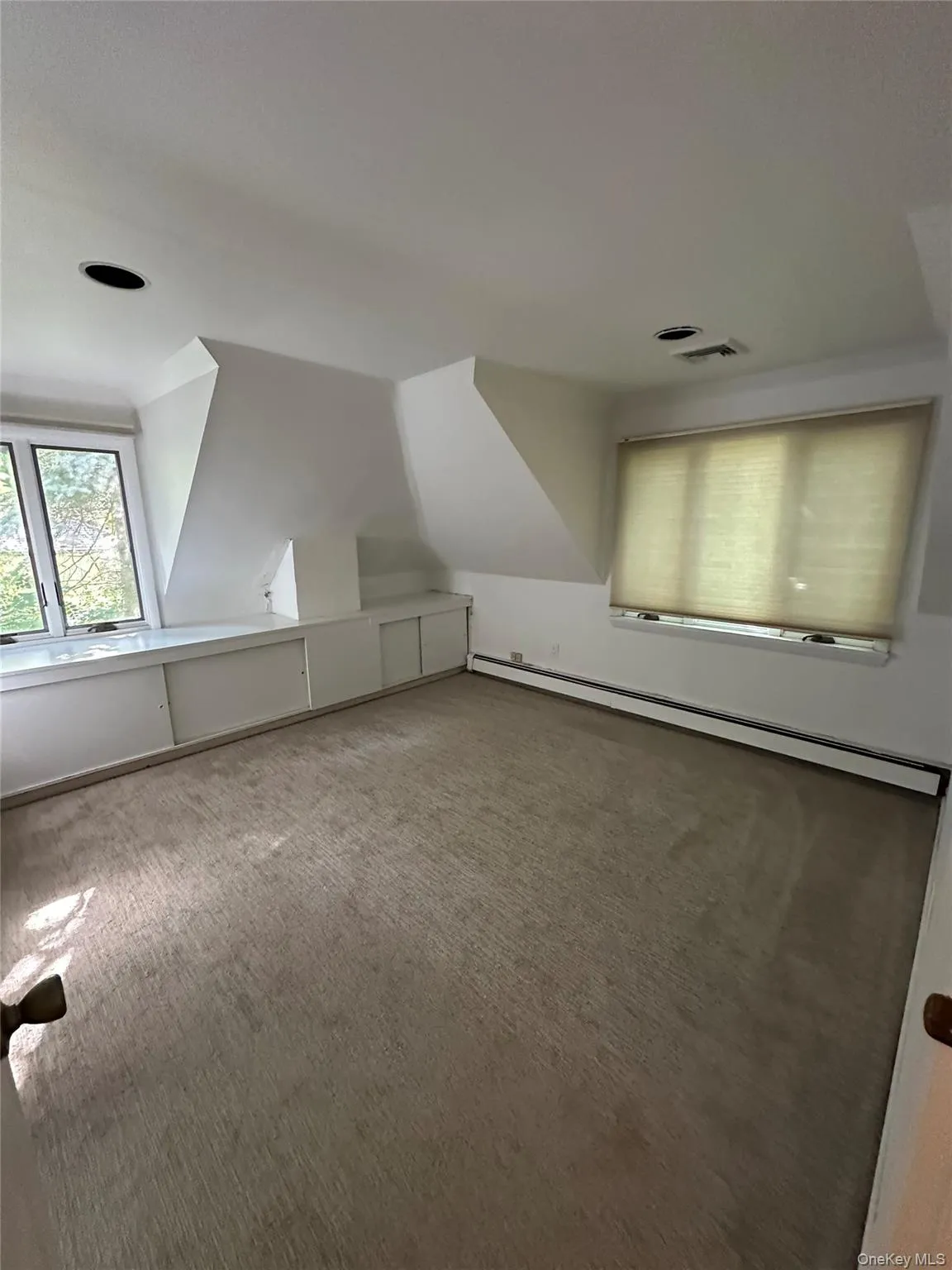 Bonus room with a baseboard heating unit, carpet, and vaulted ceiling Bonus room with a baseboard heating unit, carpet, and vaulted ceiling