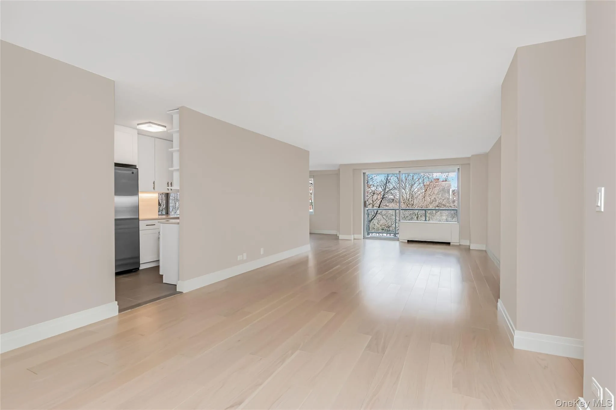 Unfurnished living room featuring light wood-type flooring and baseboards Unfurnished living room featuring light wood-type flooring and baseboards