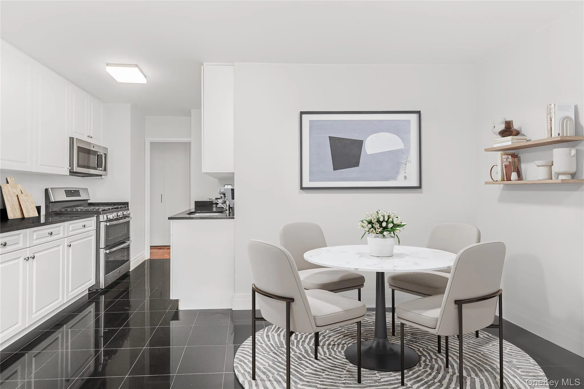 Virtually staged dining space with baseboards and granite floors Virtually staged dining space with baseboards and granite floors