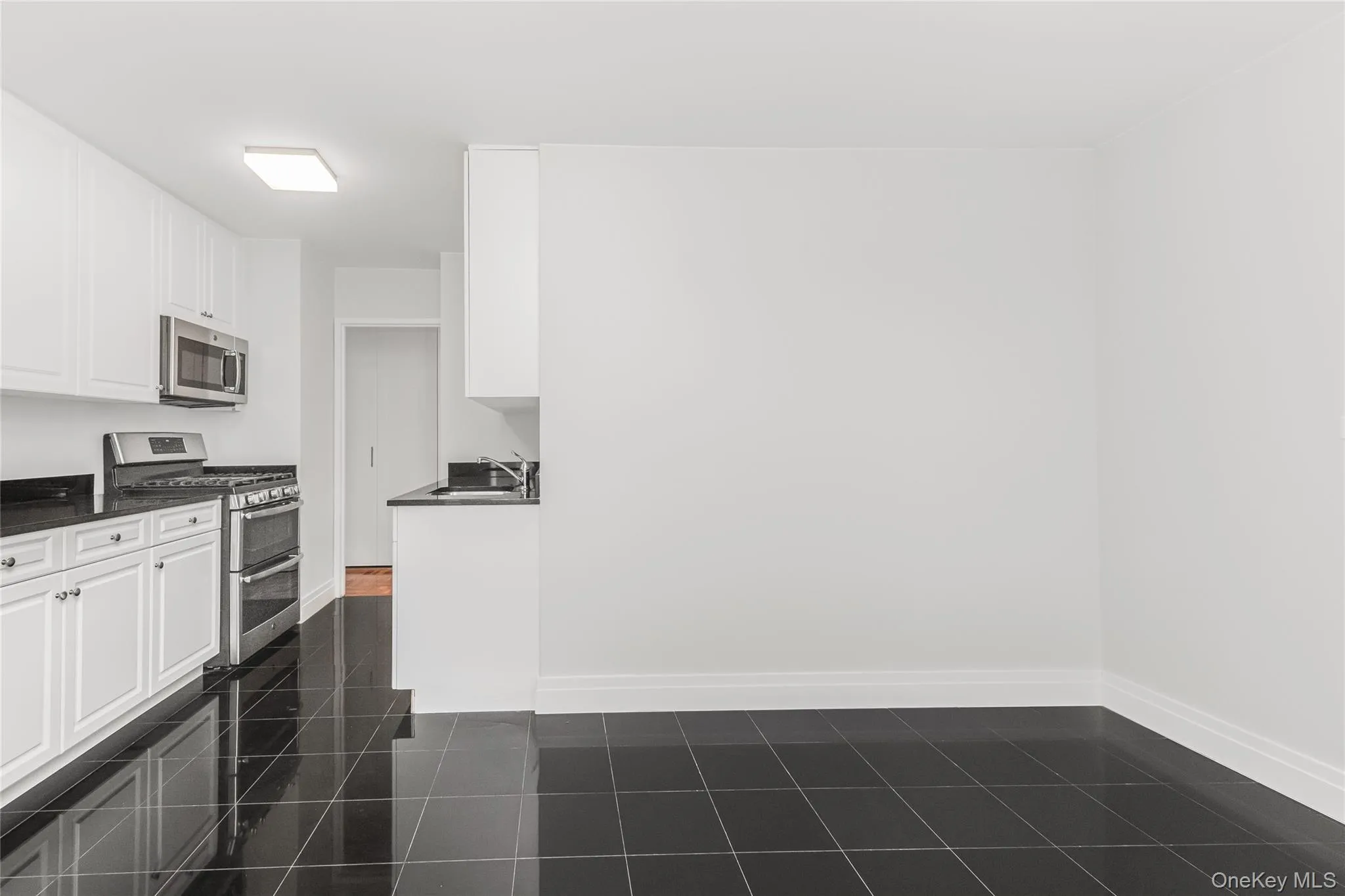 Kitchen featuring appliances with stainless steel finishes, white cabinets, and dark stone counters Kitchen featuring appliances with stainless steel finishes, white cabinets, and dark stone counters