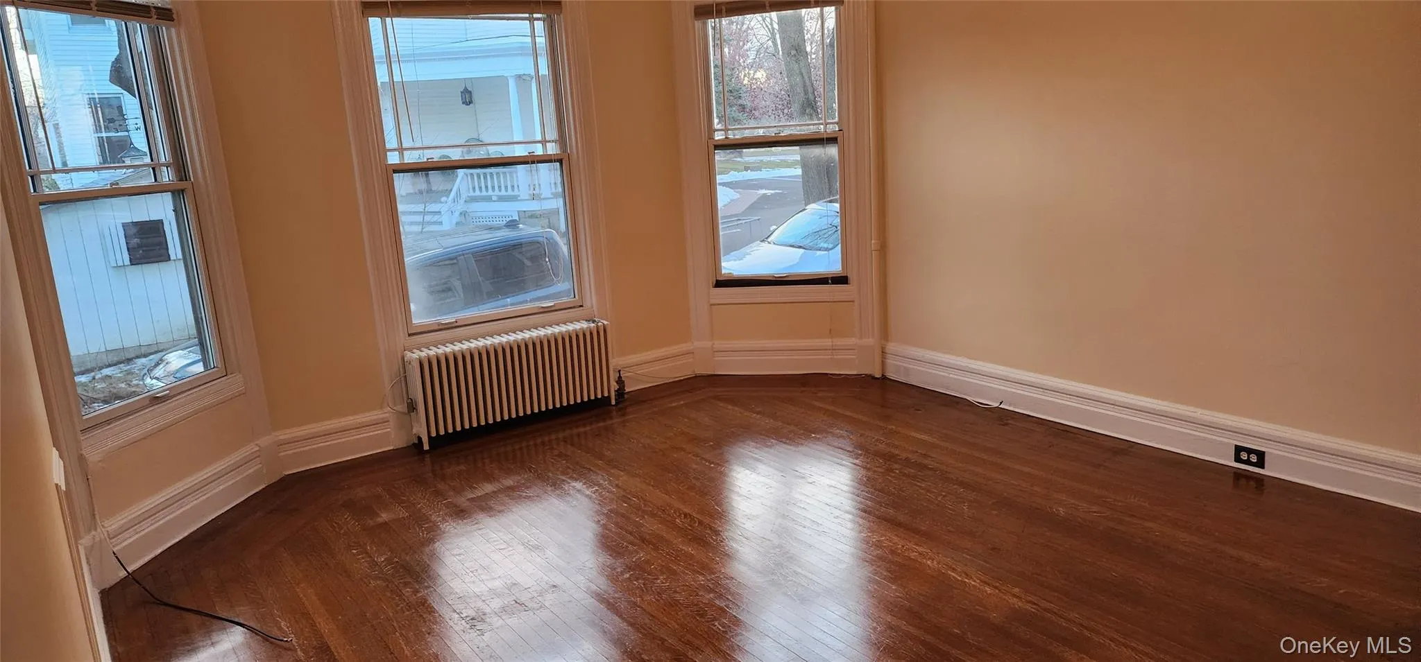 Living Room featuring radiator and dark wood-style flooring Living Room featuring radiator and dark wood-style flooring