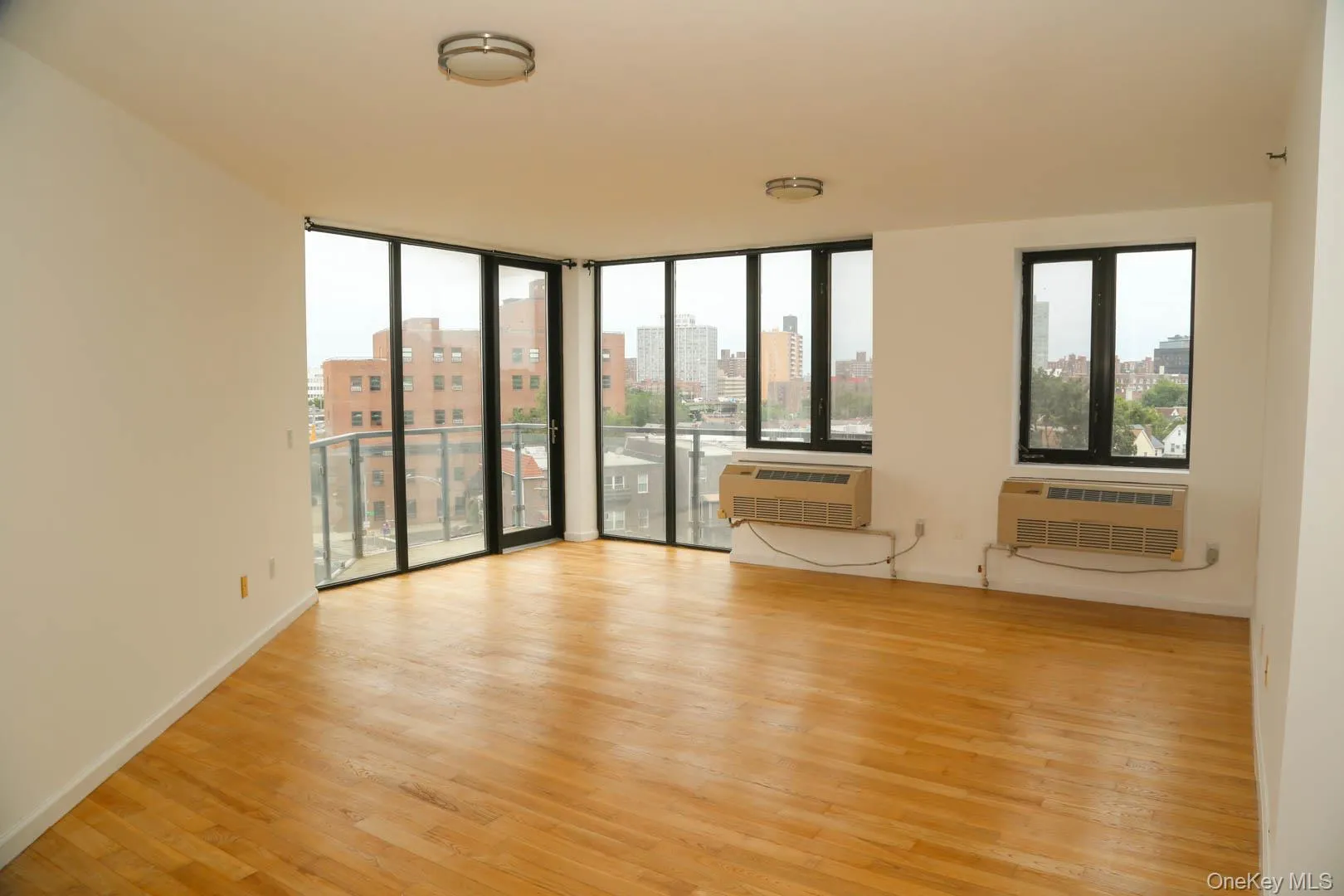 Empty room featuring light wood-style floors, expansive windows, a city view, plenty of natural light, and an AC wall unit Empty room featuring light wood-style floors, expansive windows, a city view, plenty of natural light, and an AC wall unit