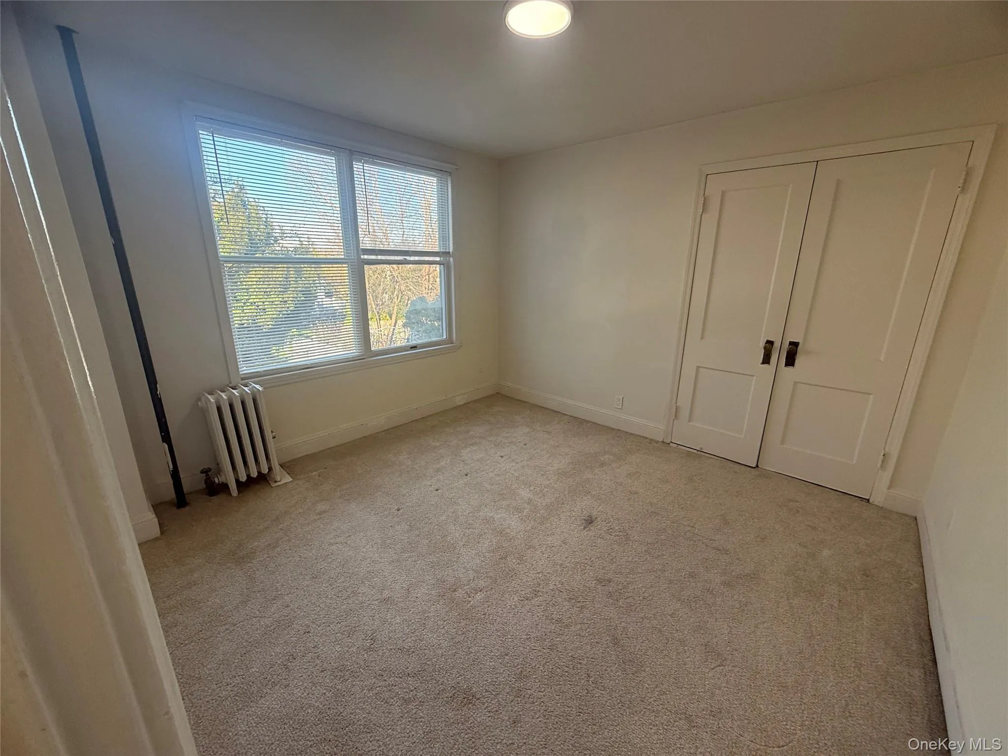 Unfurnished bedroom featuring carpet, radiator heating unit, and a closet Unfurnished bedroom featuring carpet, radiator heating unit, and a closet