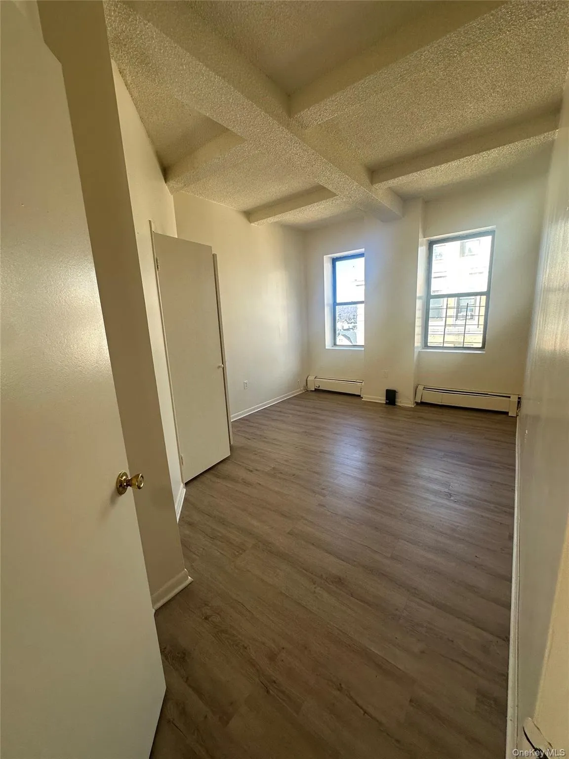 Unfurnished room with a textured ceiling, dark wood finished floors, baseboard heating, and beam ceiling Unfurnished room with a textured ceiling, dark wood finished floors, baseboard heating, and beam ceiling