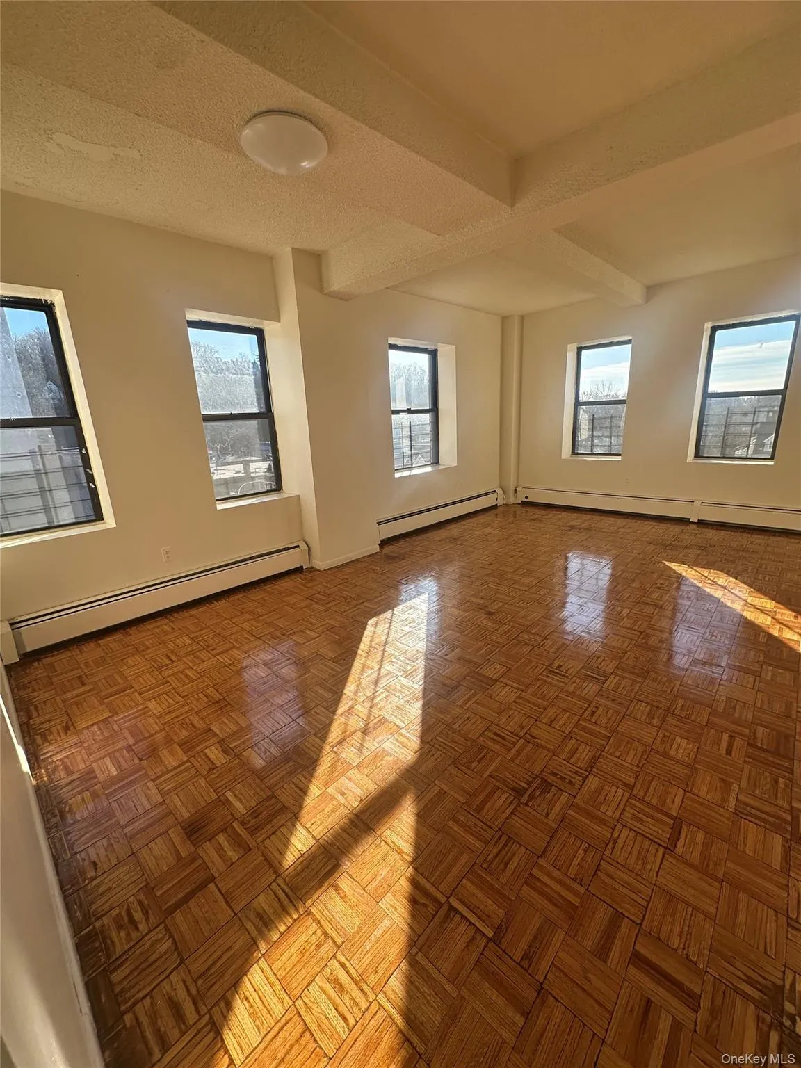 Unfurnished room with a baseboard heating unit and beam ceiling Unfurnished room with a baseboard heating unit and beam ceiling