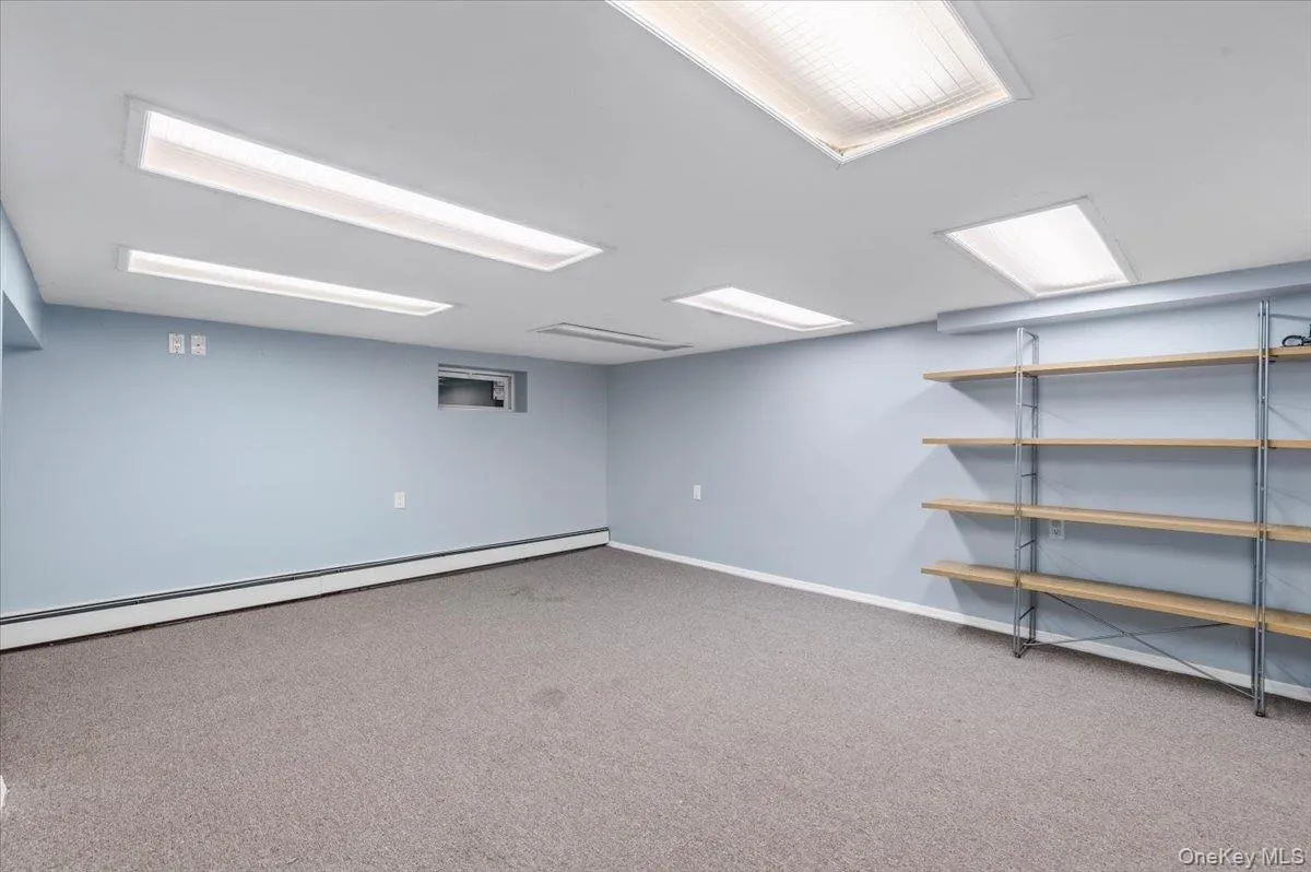 Finished basement featuring baseboard heating and light carpet Finished basement featuring baseboard heating and light carpet