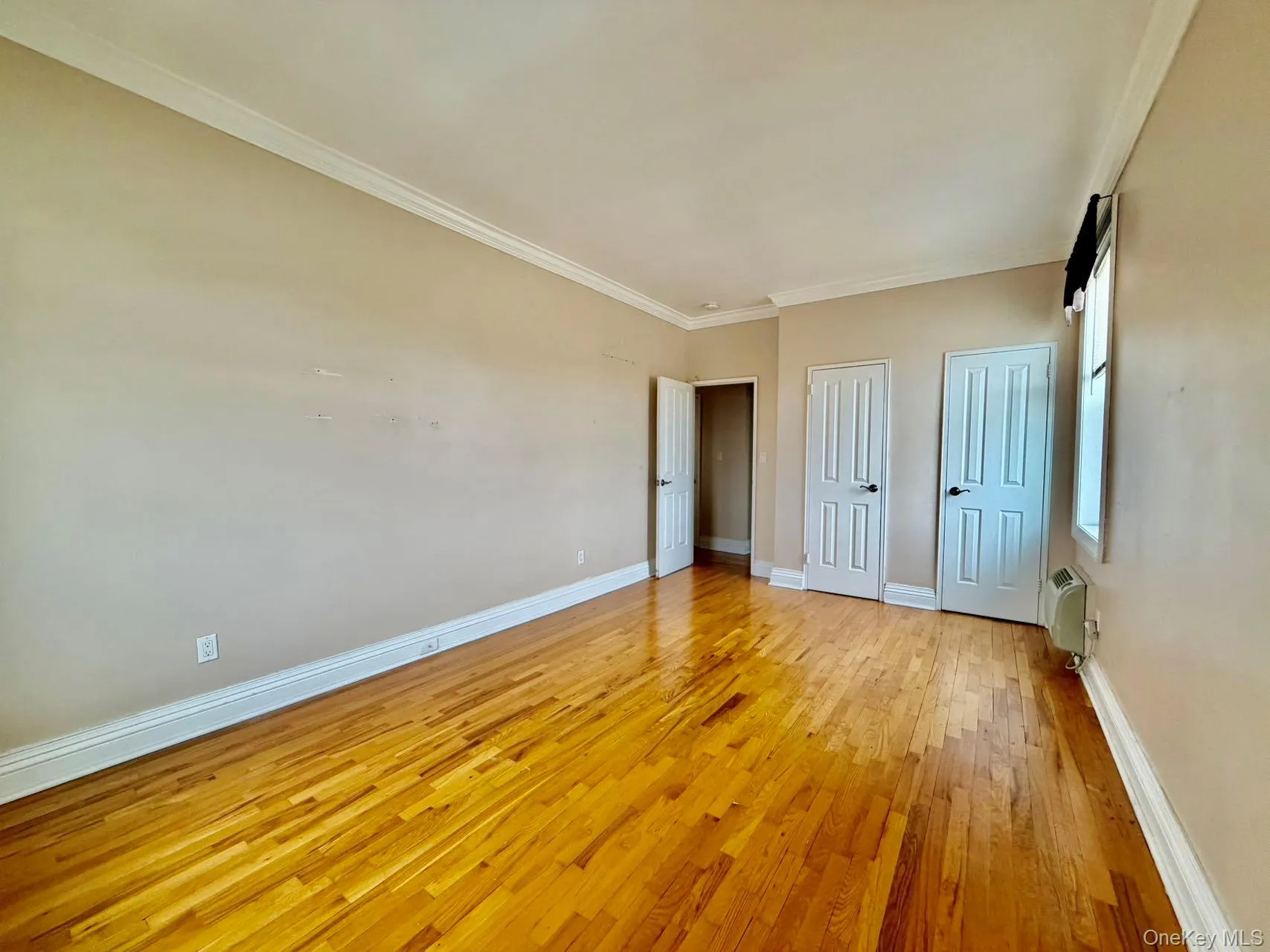 Unfurnished bedroom with two closets, light wood-type flooring, and ornamental molding Unfurnished bedroom with two closets, light wood-type flooring, and ornamental molding