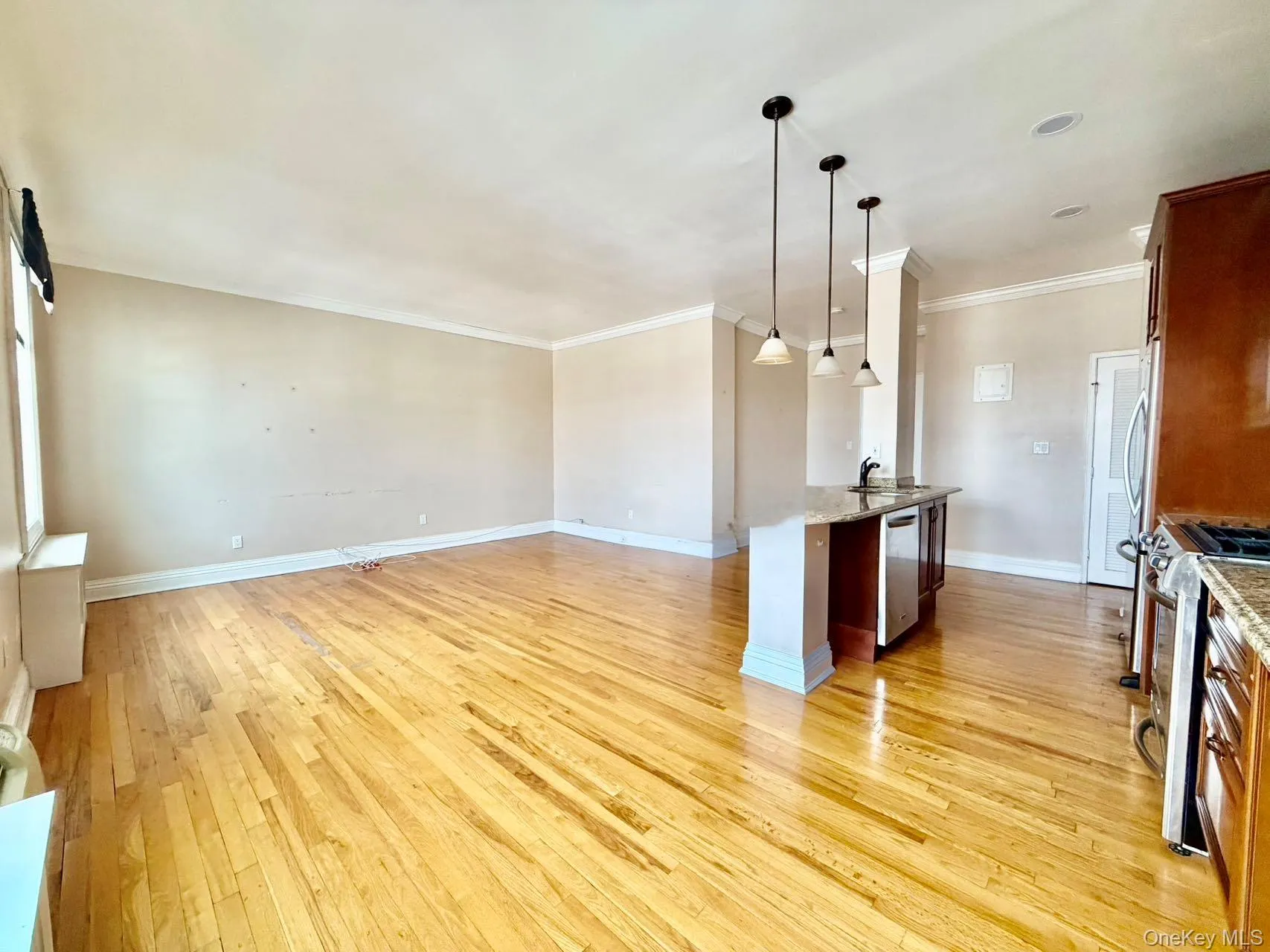 Kitchen featuring decorative light fixtures, open floor plan, stainless steel appliances, light wood-style floors, and light stone counters Kitchen featuring decorative light fixtures, open floor plan, stainless steel appliances, light wood-style floors, and light stone counters
