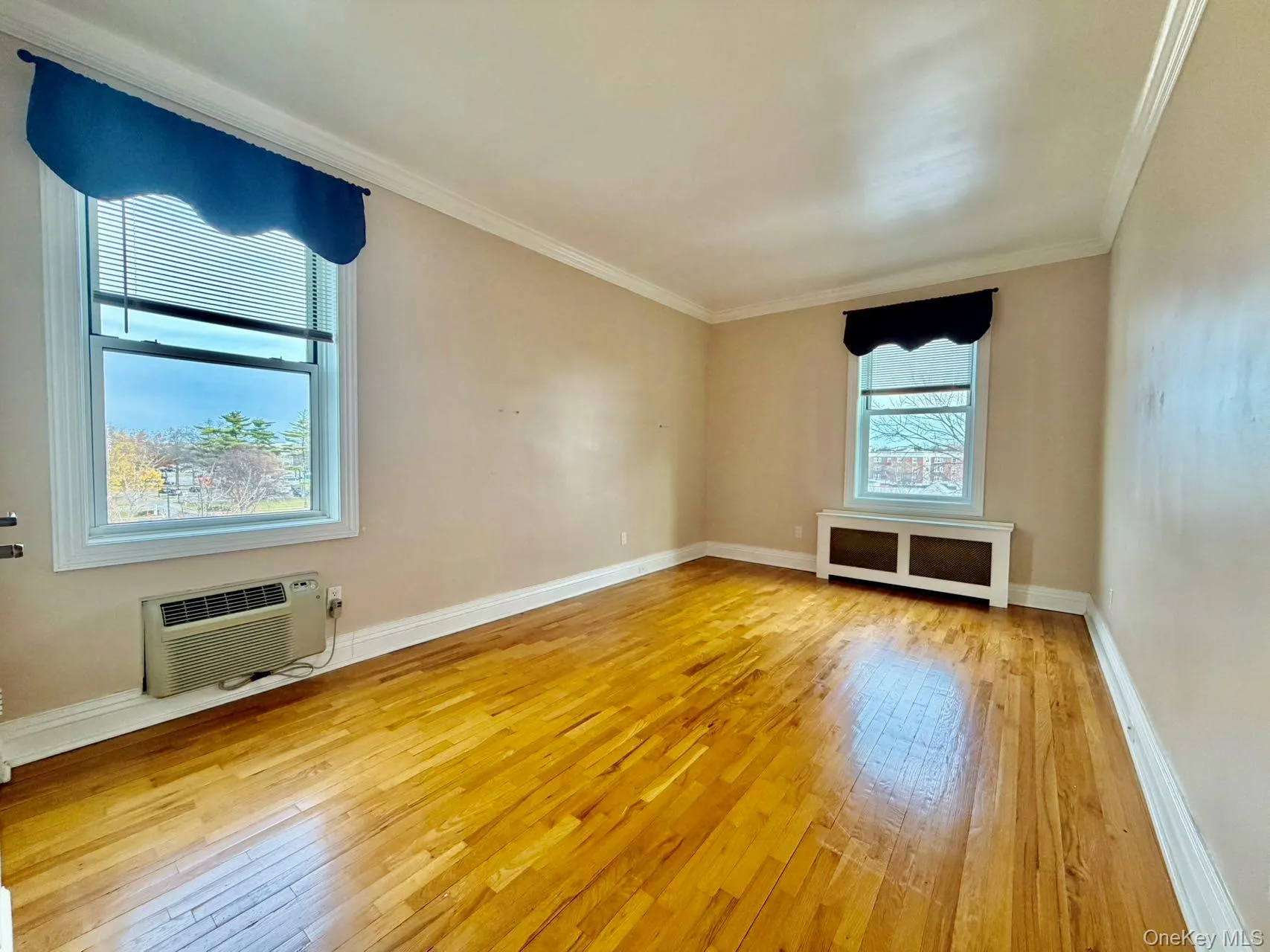 Spare room featuring radiator heating unit, light wood-type flooring, an AC wall unit, and ornamental molding Spare room featuring radiator heating unit, light wood-type flooring, an AC wall unit, and ornamental molding