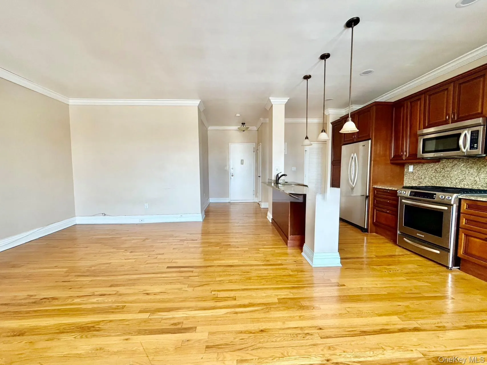 Kitchen with appliances with stainless steel finishes, open floor plan, decorative light fixtures, ornamental molding, and light wood-style floors Kitchen with appliances with stainless steel finishes, open floor plan, decorative light fixtures, ornamental molding, and light wood-style floors
