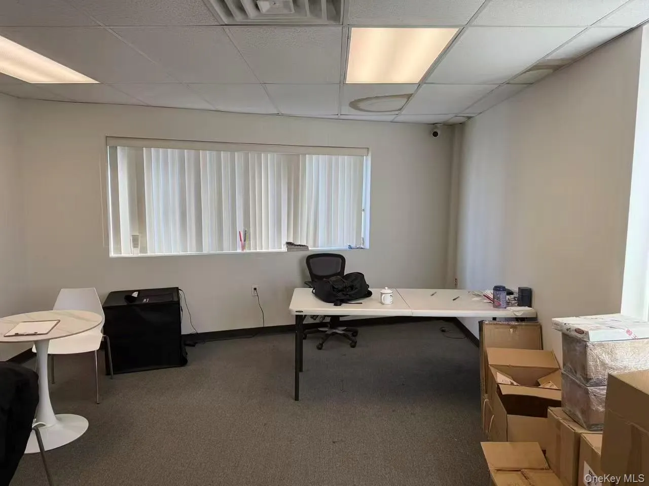 Home office with a paneled ceiling and plenty of natural light Home office with a paneled ceiling and plenty of natural light