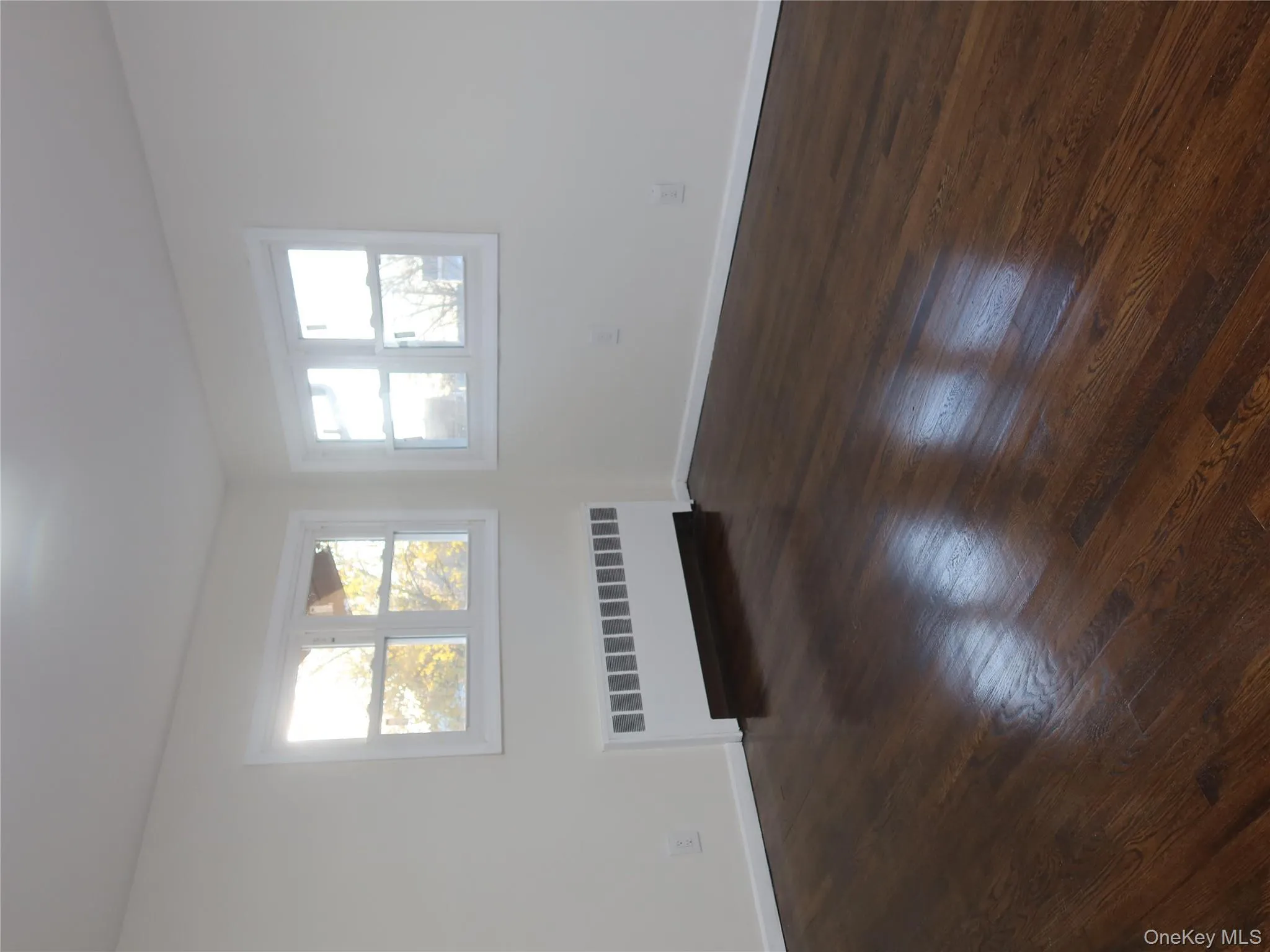 Spare room with radiator heating unit, plenty of natural light, and dark wood-type flooring Spare room with radiator heating unit, plenty of natural light, and dark wood-type flooring