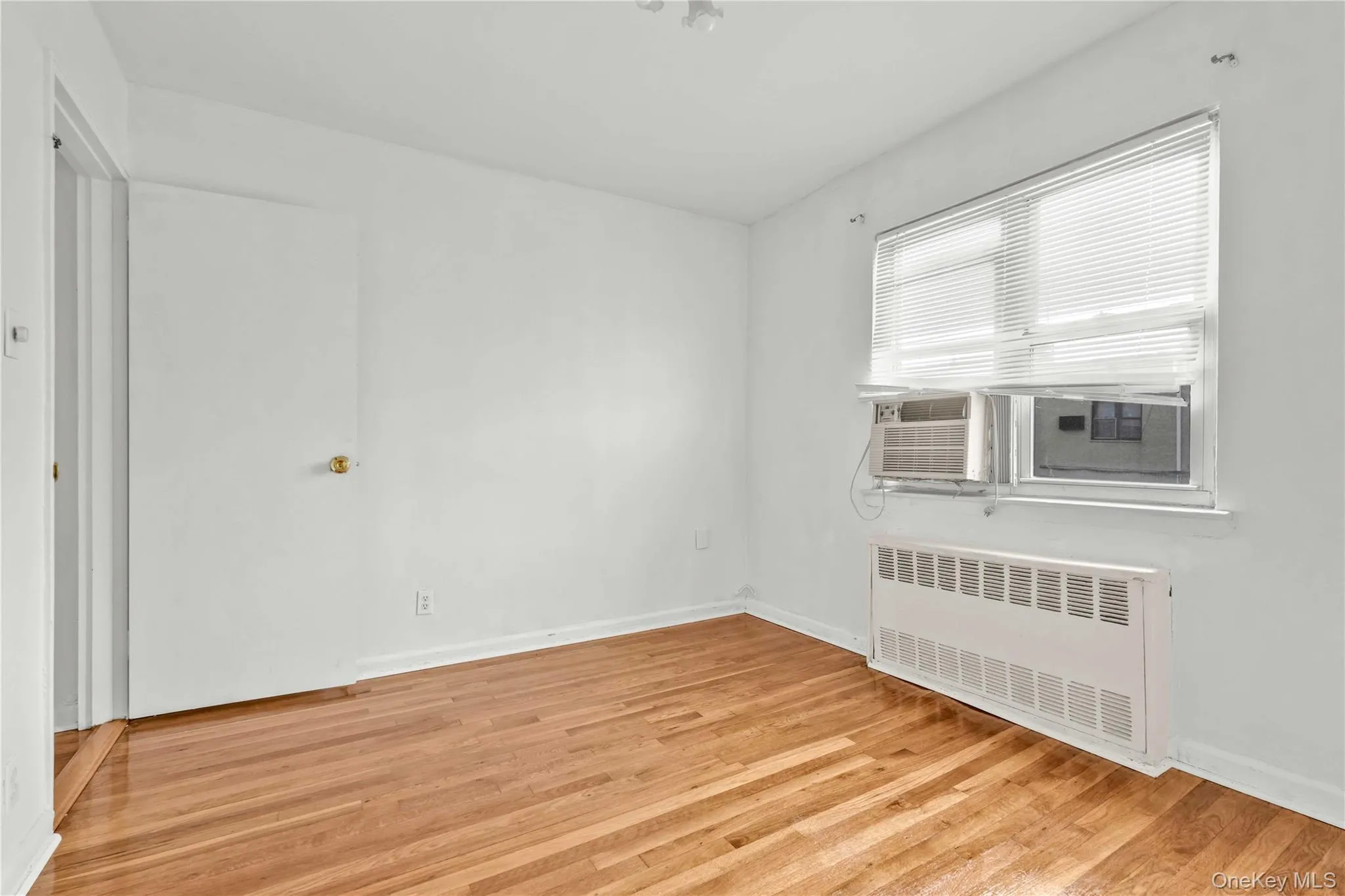 Unfurnished room with radiator and light wood-style flooring Unfurnished room with radiator and light wood-style flooring