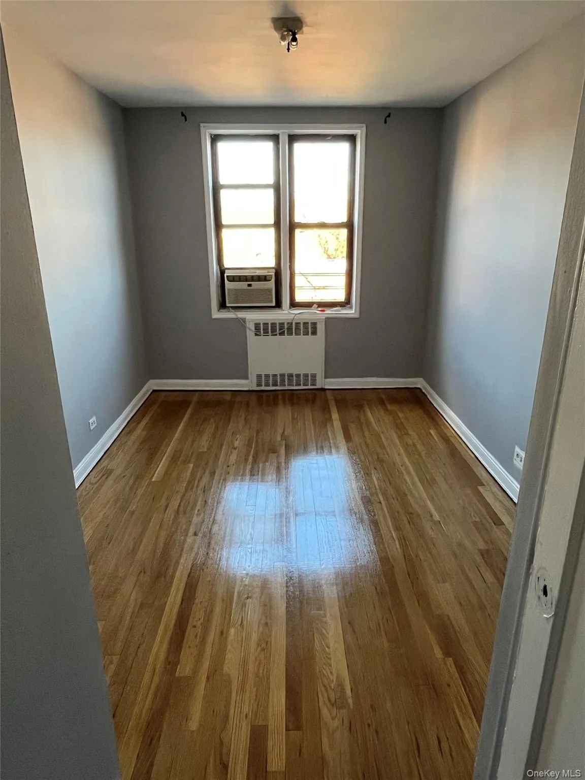 Unfurnished room featuring radiator heating unit and dark wood-type flooring Unfurnished room featuring radiator heating unit and dark wood-type flooring