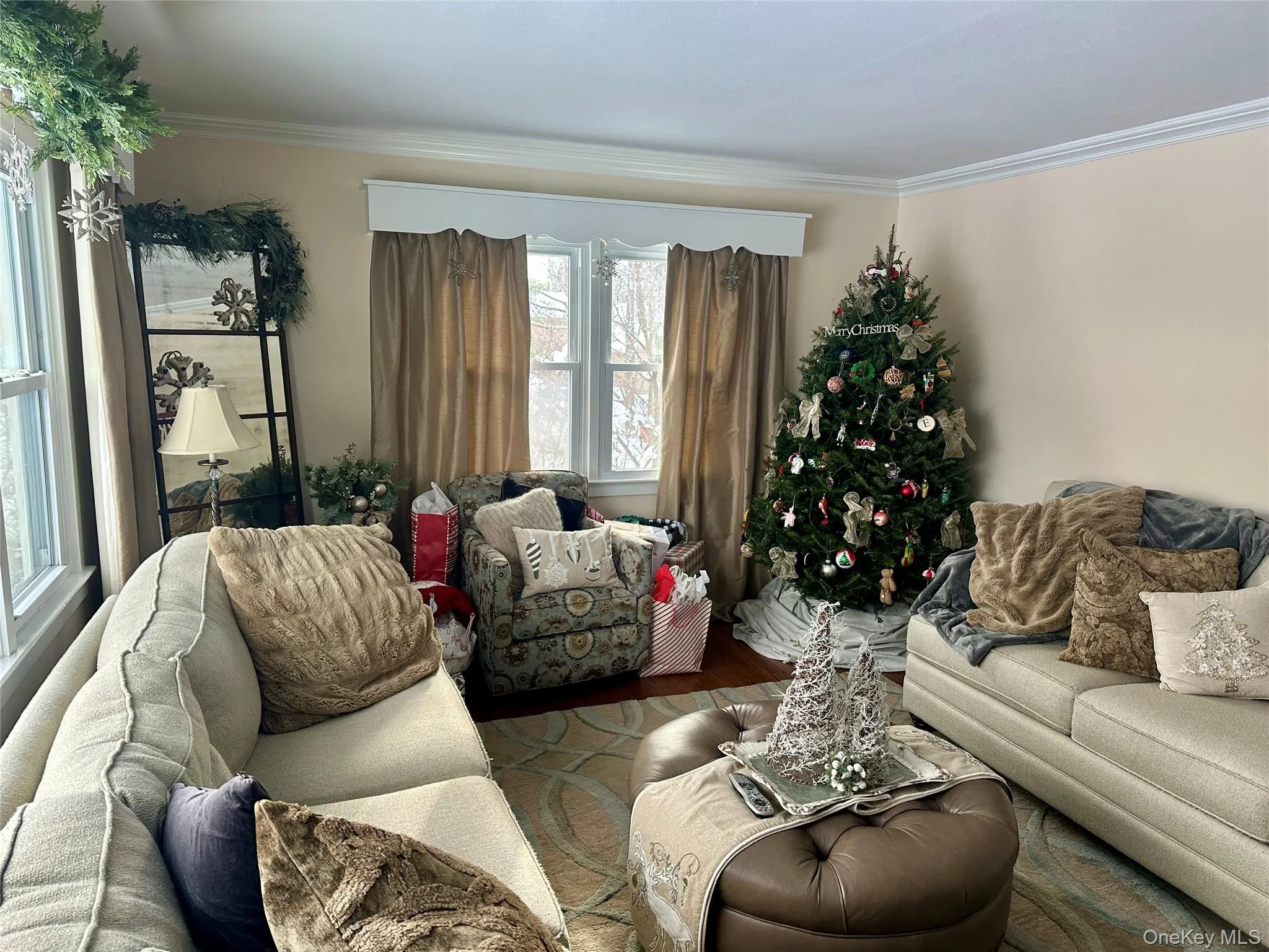 Living area featuring crown molding and wood finished floors Living area featuring crown molding and wood finished floors