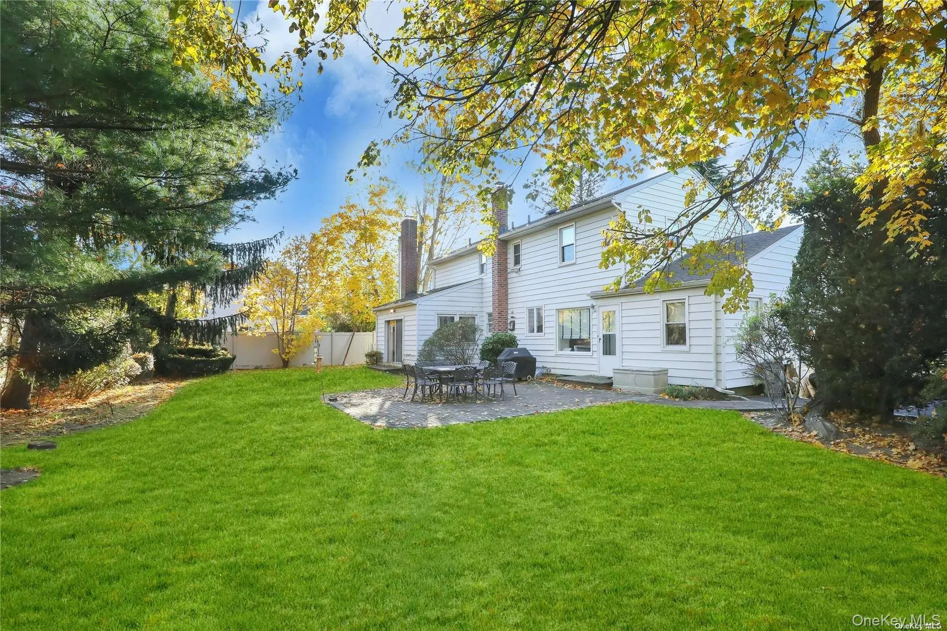 Back of house featuring a patio, a fenced backyard, and a chimney Back of house featuring a patio, a fenced backyard, and a chimney