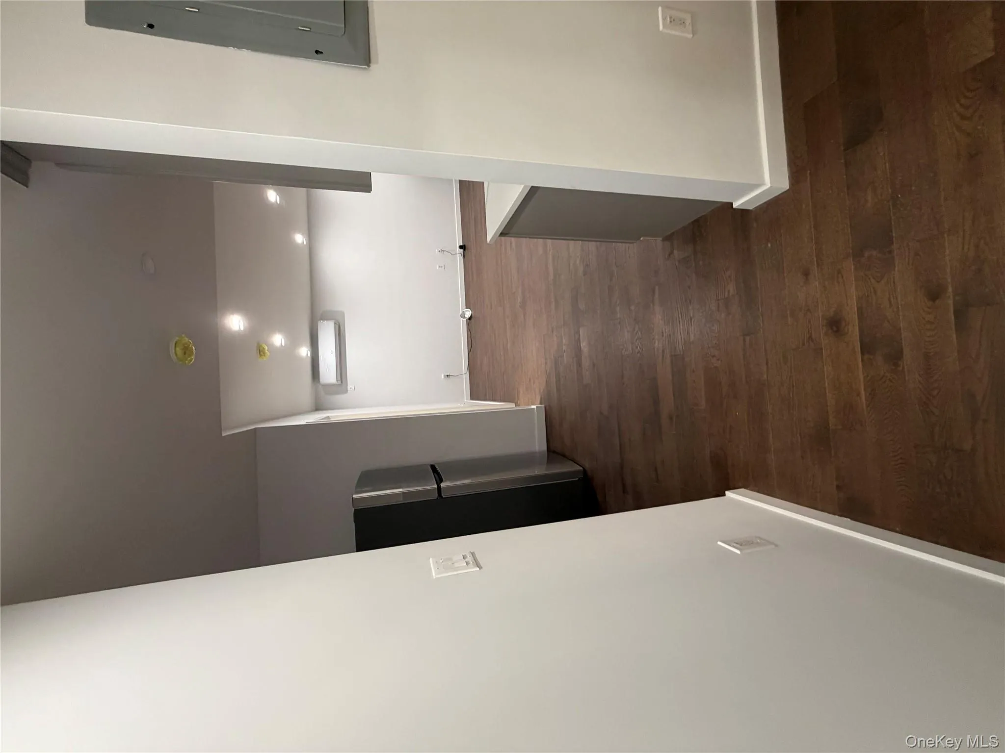 Corridor featuring dark wood finished floors, electric panel, and recessed lighting Corridor featuring dark wood finished floors, electric panel, and recessed lighting