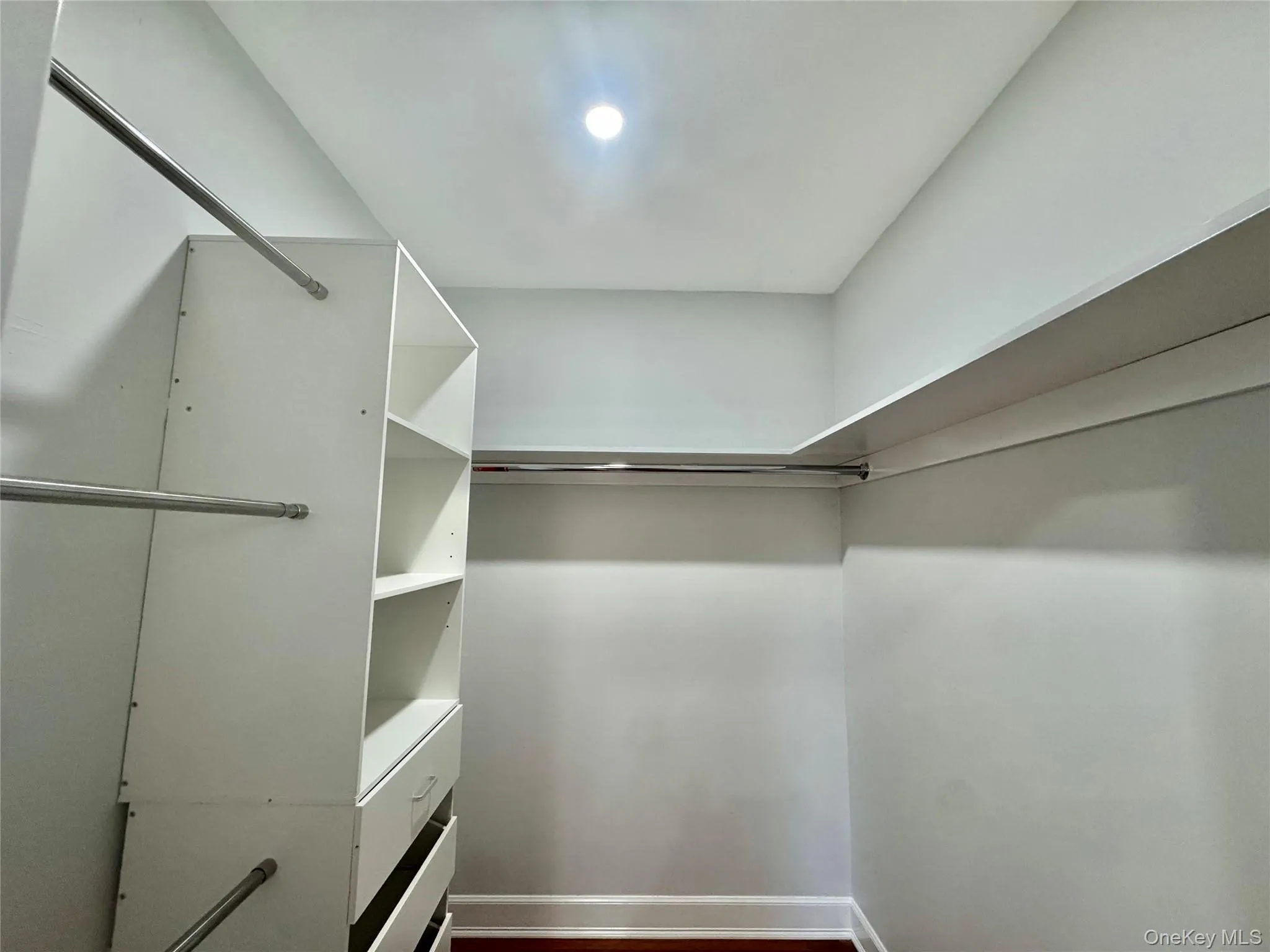 Spacious primary closet with dark wood-style floors and light Spacious primary closet with dark wood-style floors and light