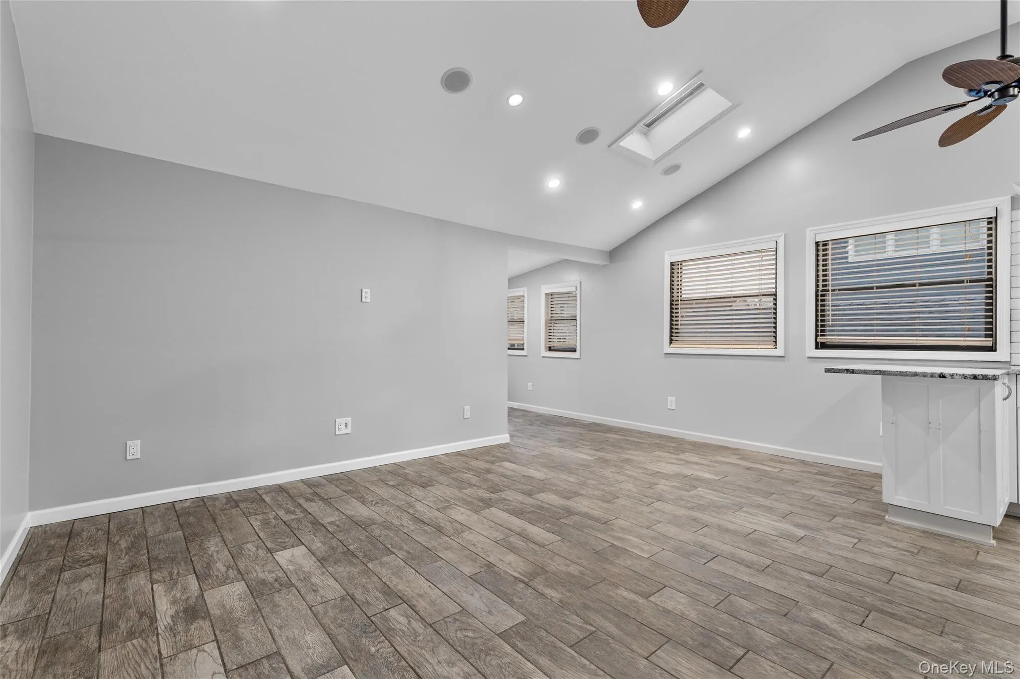 Spare room featuring recessed lighting, a skylight, ceiling fan, vaulted ceiling, and light wood-style floors Spare room featuring recessed lighting, a skylight, ceiling fan, vaulted ceiling, and light wood-style floors