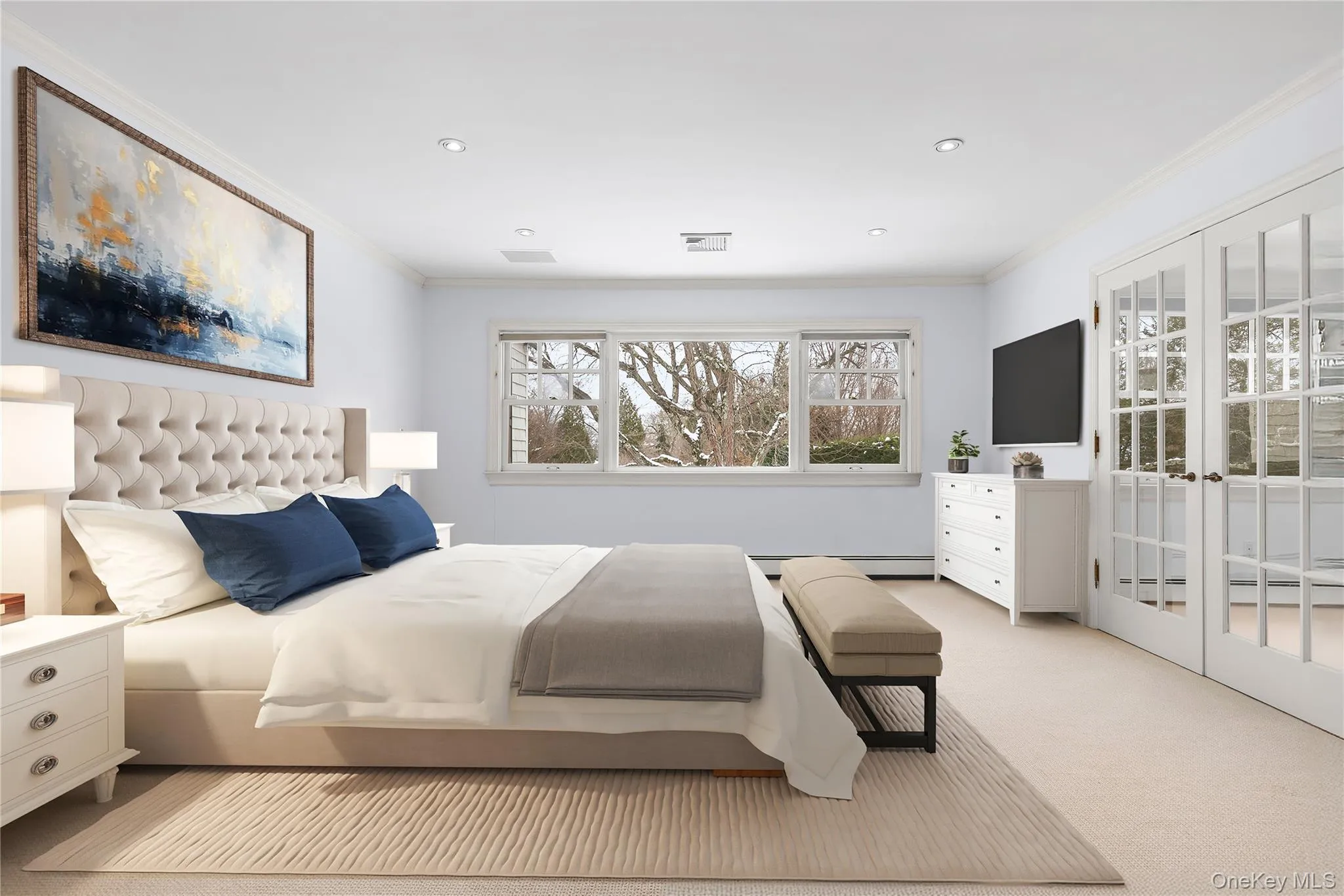Digitally Staged: Luxurious carpeted primary bedroom leads to lounge area, his/her bathrooms & dressing areas/closets Digitally Staged: Luxurious carpeted primary bedroom leads to lounge area, his/her bathrooms & dressing areas/closets