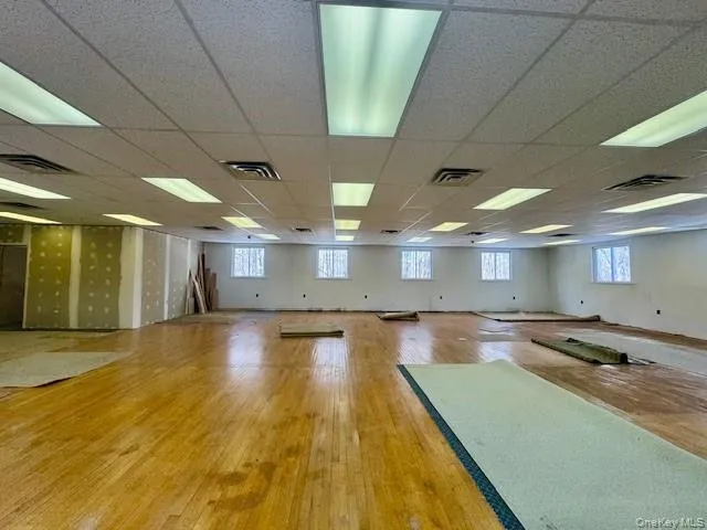 Empty room with hardwood / wood-style flooring, a drop ceiling, and healthy amount of natural light Empty room with hardwood / wood-style flooring, a drop ceiling, and healthy amount of natural light