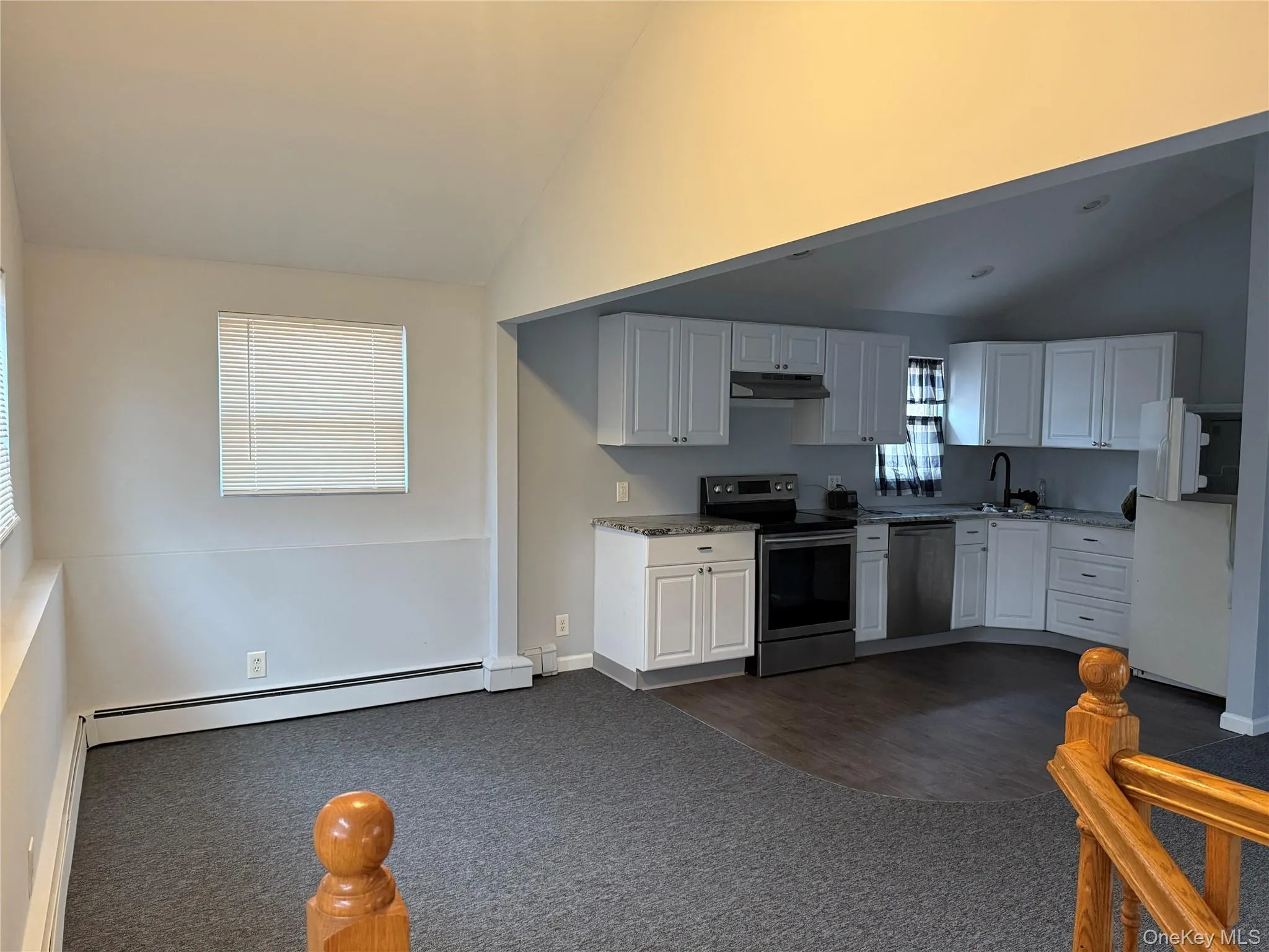 Kitchen featuring appliances with stainless steel finishes, white cabinetry, dark carpet, a baseboard radiator, and under cabinet range hood Kitchen featuring appliances with stainless steel finishes, white cabinetry, dark carpet, a baseboard radiator, and under cabinet range hood