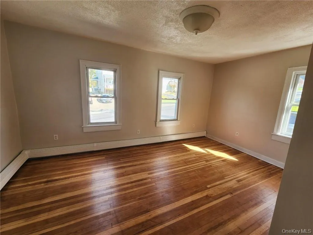 Spare room featuring a textured ceiling, hardwood / wood-style flooring, healthy amount of natural light, and baseboard heating Spare room featuring a textured ceiling, hardwood / wood-style flooring, healthy amount of natural light, and baseboard heating