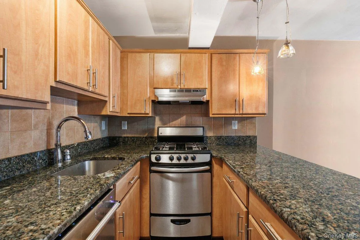 Kitchen featuring stainless steel appliances, dark stone countertops, backsplash, pendant lighting, and under cabinet range hood Kitchen featuring stainless steel appliances, dark stone countertops, backsplash, pendant lighting, and under cabinet range hood