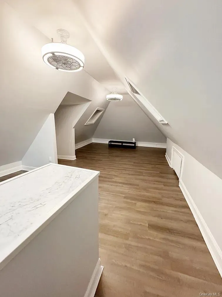 Bonus room with light wood-type flooring, a skylight, and lofted ceiling Bonus room with light wood-type flooring, a skylight, and lofted ceiling