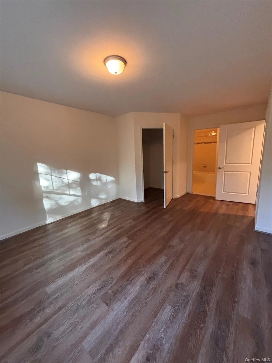Unfurnished Master bedroom with dark wood finished floors and a walk in closet Unfurnished Master bedroom with dark wood finished floors and a walk in closet