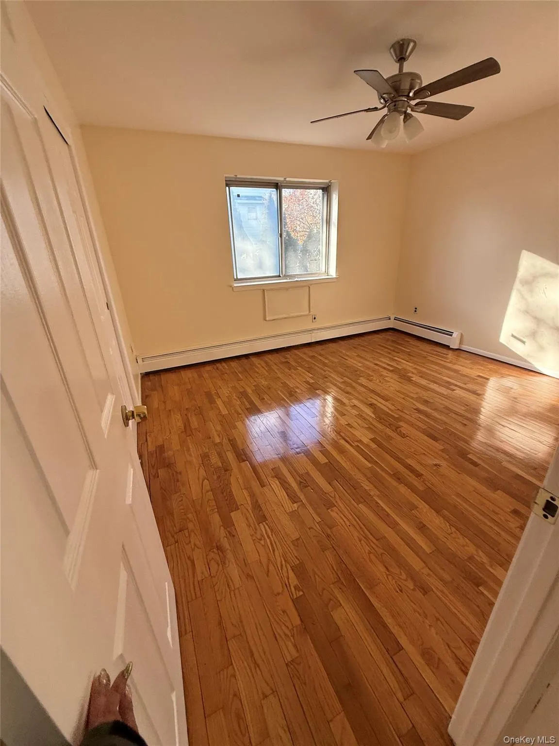 Unfurnished room featuring light wood finished floors, a baseboard radiator, and ceiling fan Unfurnished room featuring light wood finished floors, a baseboard radiator, and ceiling fan