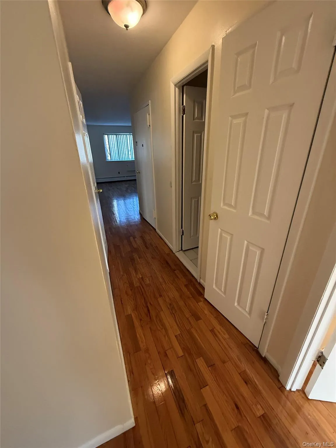Hall with dark wood finished floors and baseboard heating Hall with dark wood finished floors and baseboard heating