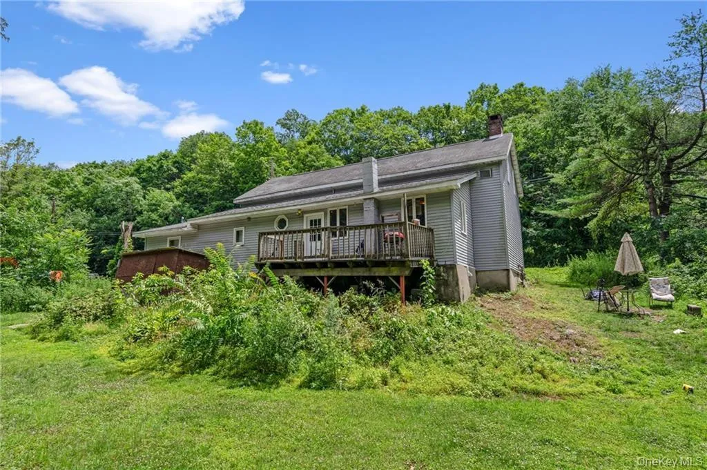 Back of house with a chimney, a lawn, and a forest view Back of house with a chimney, a lawn, and a forest view