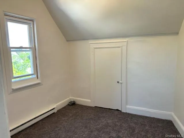 Additional living space featuring a baseboard radiator, dark carpet, and vaulted ceiling Additional living space featuring a baseboard radiator, dark carpet, and vaulted ceiling