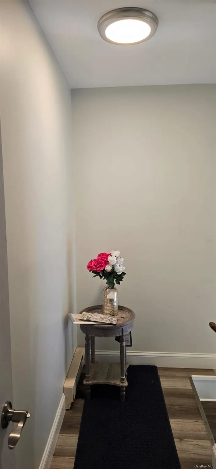 Hallway featuring dark wood-type flooring and baseboard heating Hallway featuring dark wood-type flooring and baseboard heating