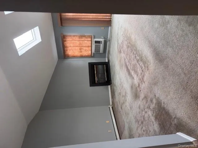 Unfurnished living room with light colored carpet, a glass covered fireplace, lofted ceiling, a baseboard radiator, and a skylight Unfurnished living room with light colored carpet, a glass covered fireplace, lofted ceiling, a baseboard radiator, and a skylight