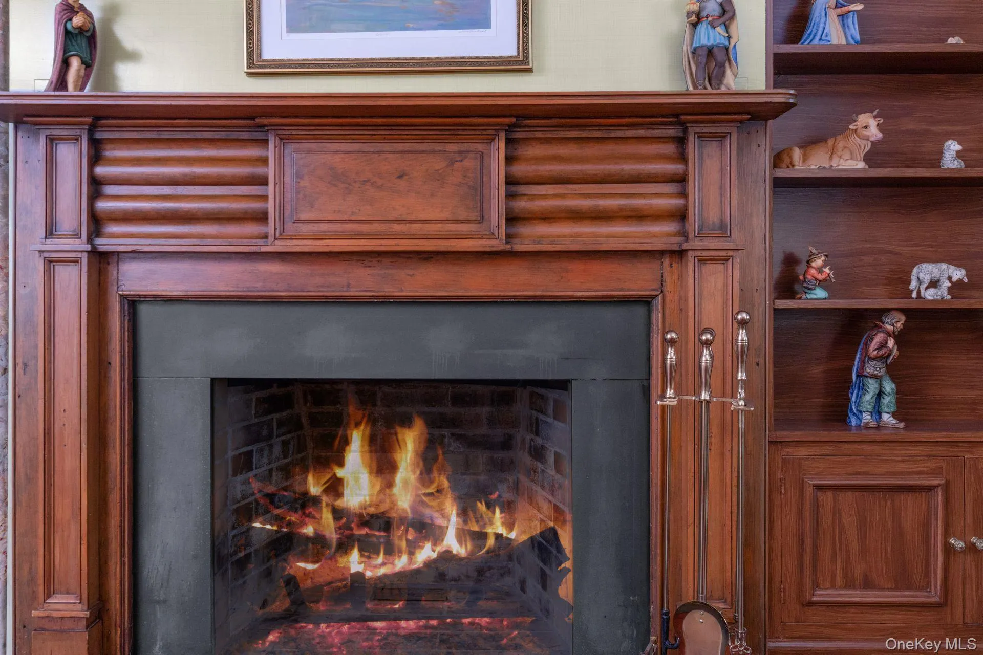Detailed view of a warm lit fireplace Detailed view of a warm lit fireplace