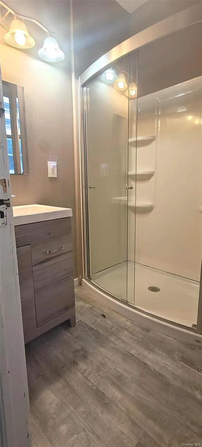 Bathroom with vanity, a shower stall, and dark wood-style flooring Bathroom with vanity, a shower stall, and dark wood-style flooring