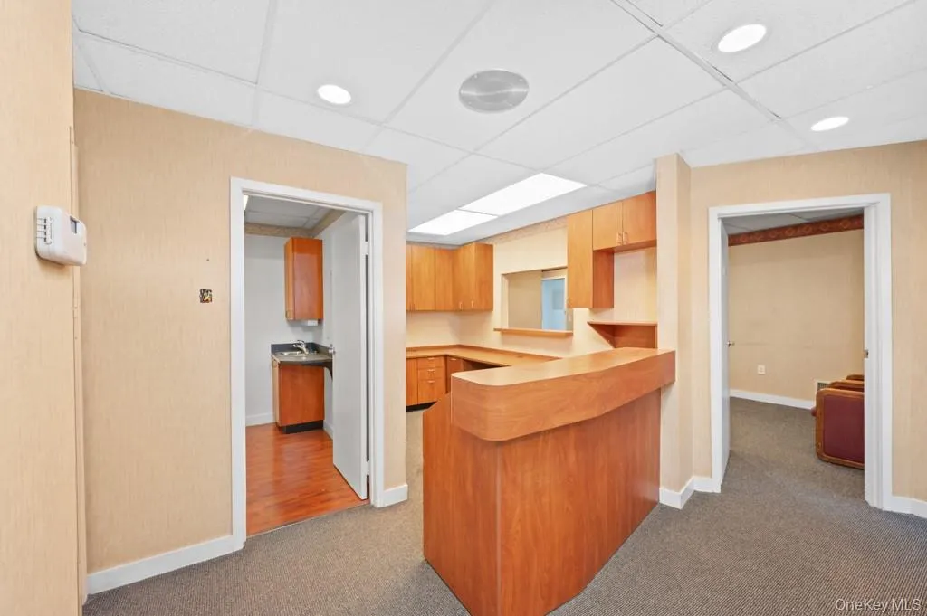 Kitchen featuring dark colored carpet, a paneled ceiling, light countertops, and a peninsula Kitchen featuring dark colored carpet, a paneled ceiling, light countertops, and a peninsula