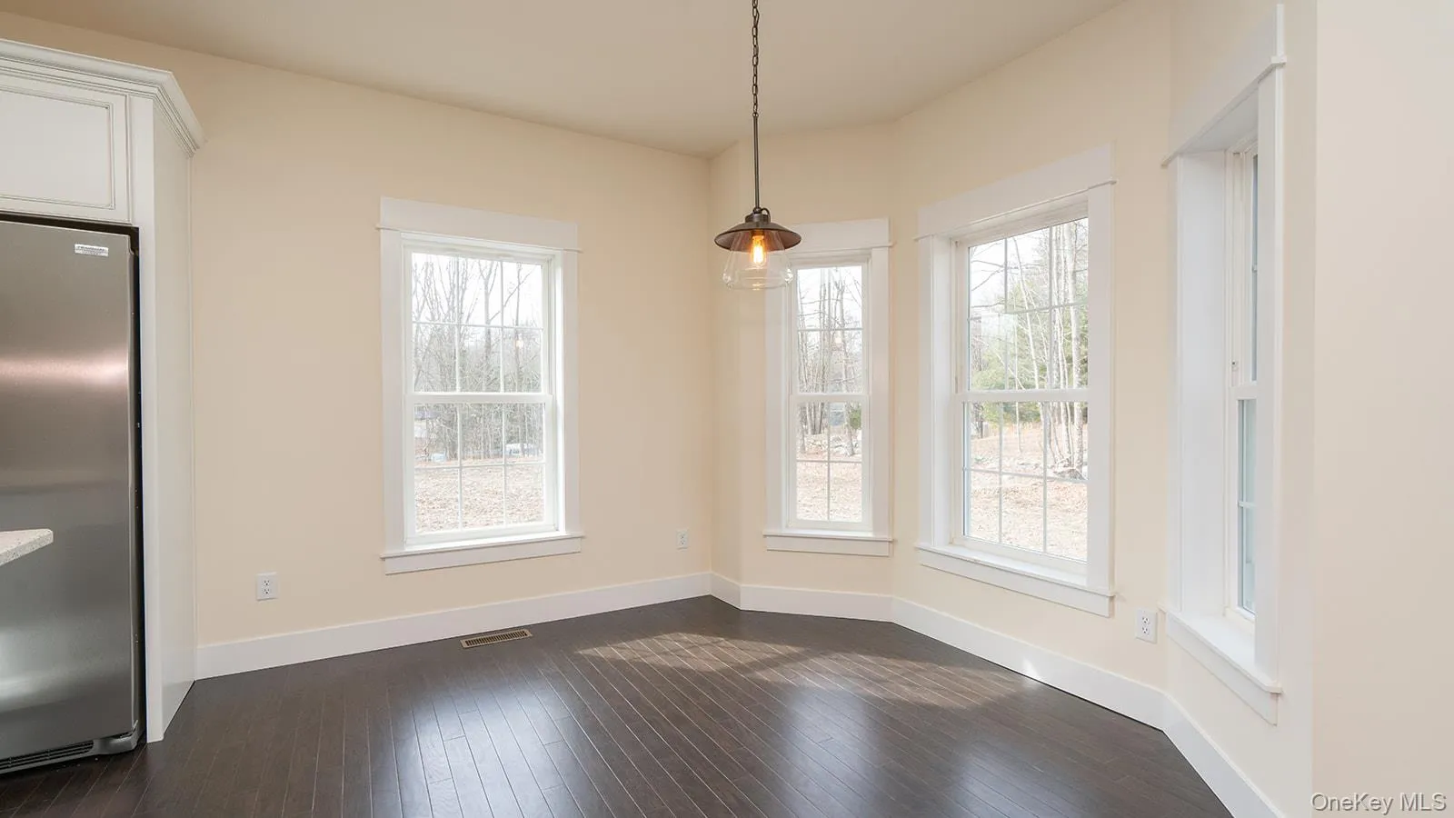 Unfurnished dining area with baseboards and dark wood finished floors Unfurnished dining area with baseboards and dark wood finished floors
