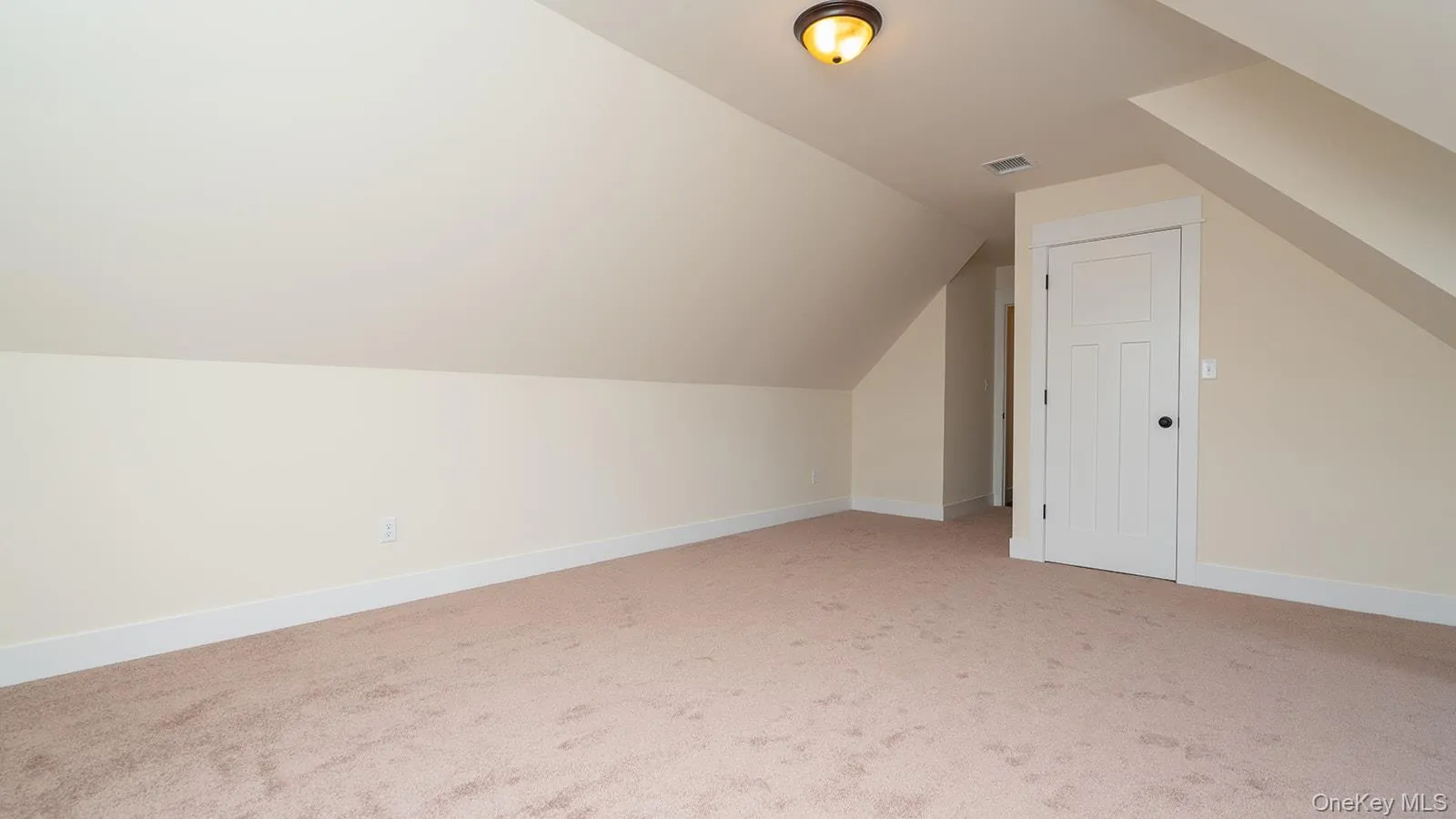 Bonus room with vaulted ceiling and light colored carpet Bonus room with vaulted ceiling and light colored carpet