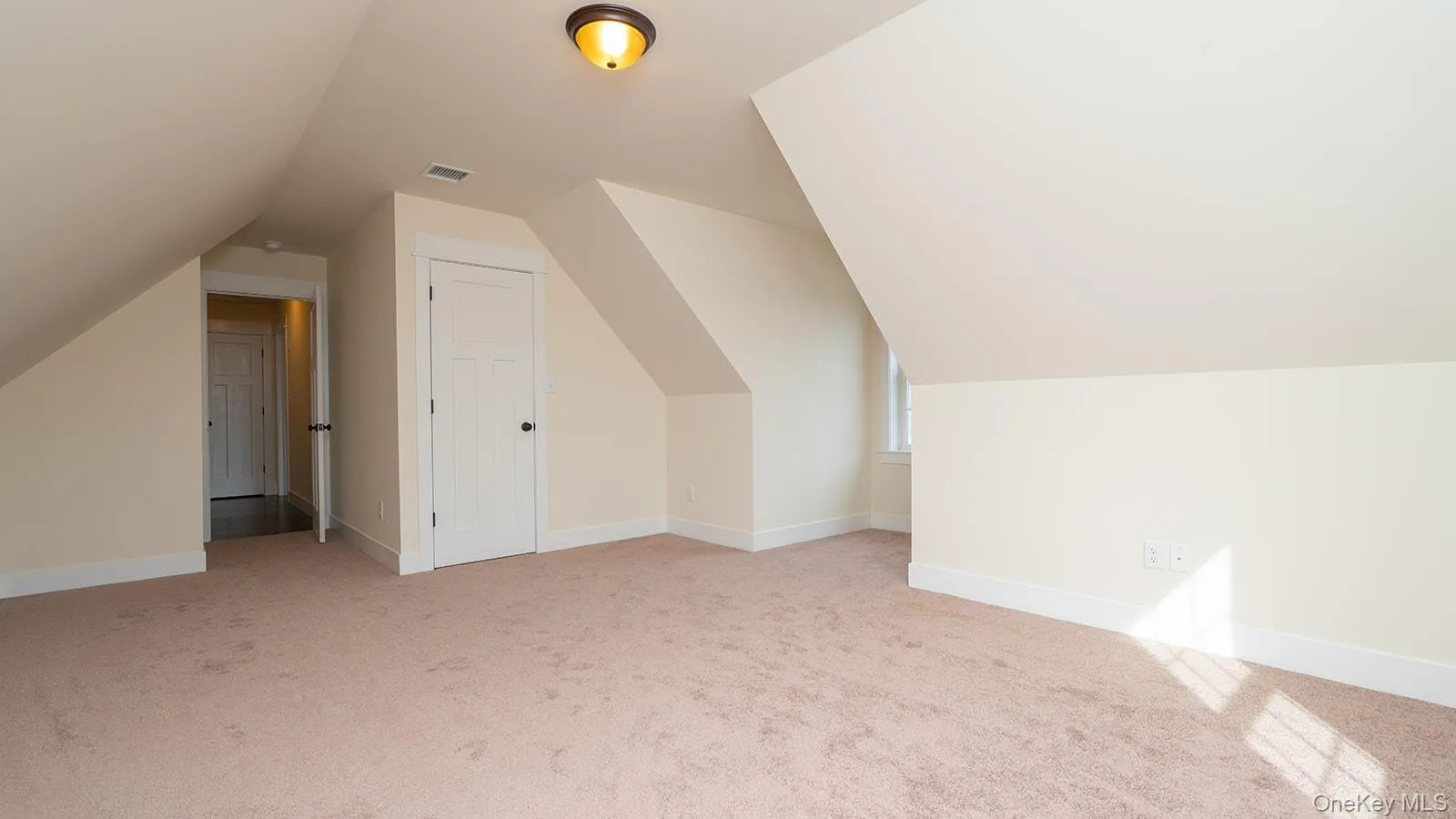 Additional living space featuring light carpet and lofted ceiling Additional living space featuring light carpet and lofted ceiling