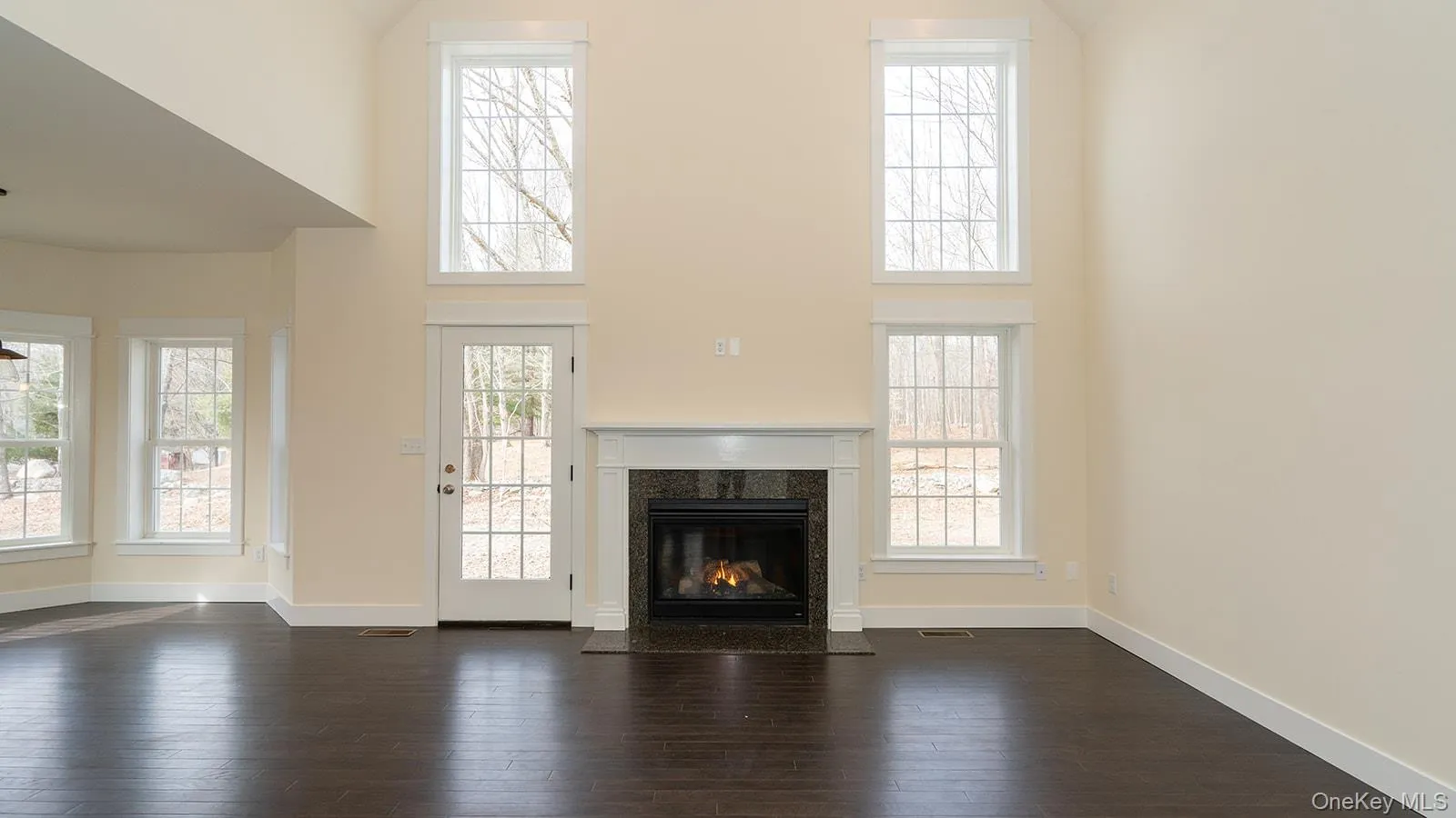 Unfurnished living room featuring a high ceiling, dark wood-type flooring, and a fireplace Unfurnished living room featuring a high ceiling, dark wood-type flooring, and a fireplace