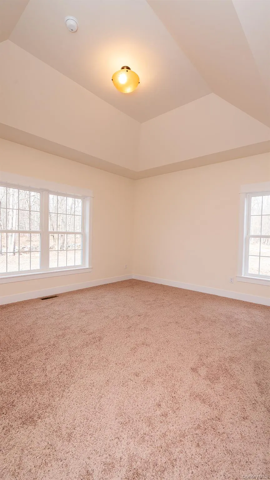Empty room featuring vaulted ceiling and light carpet Empty room featuring vaulted ceiling and light carpet